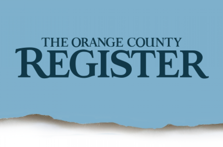 OC Register Logo on top of ripped paper